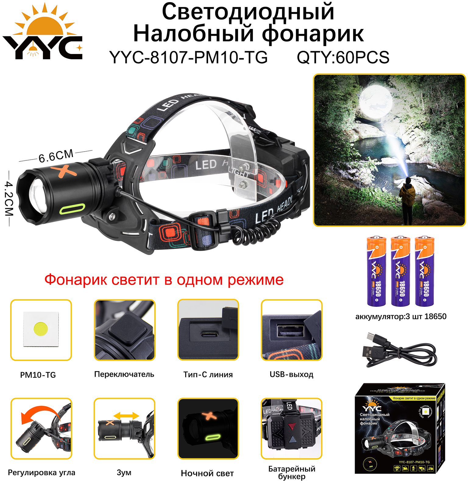 Svetodiodnyj nalobnyj fonarik YYC-8107-PM10-TG Svetodiodnyj nalobnyj fonarik YYC-8107-PM10-TG
