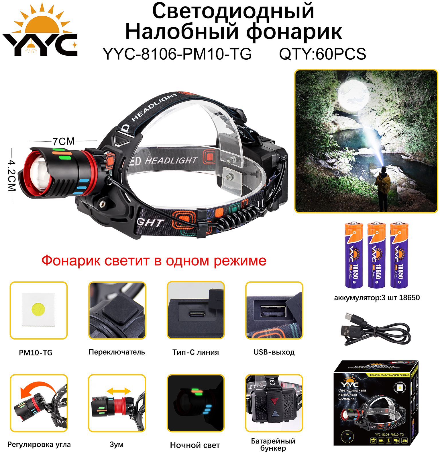 Svetodiodnyj nalobnyj fonarik YYC-8106-PM10-TG Svetodiodnyj nalobnyj fonarik YYC-8106-PM10-TG