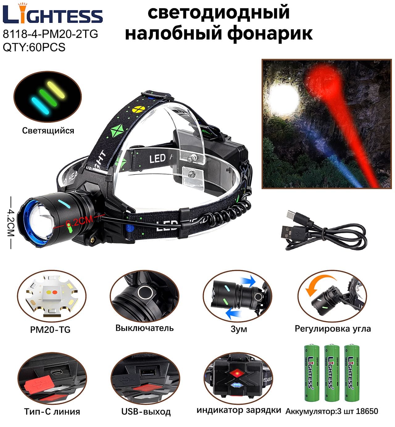 Svetodiodnyj nalobnyj fonarik LIGHTESS 8118-4-PM20-2TG