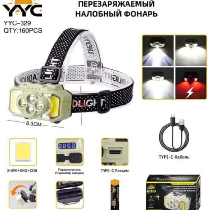 Фонарь налобный YYC-329-2*XPE+SMD+COB многофункциональный